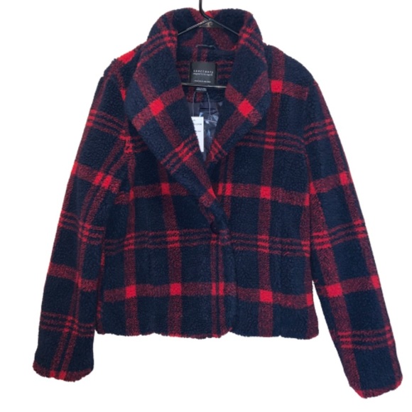 Sanctuary Jackets & Blazers - Sanctuary plaid teddy coat red blue fluffy NWT